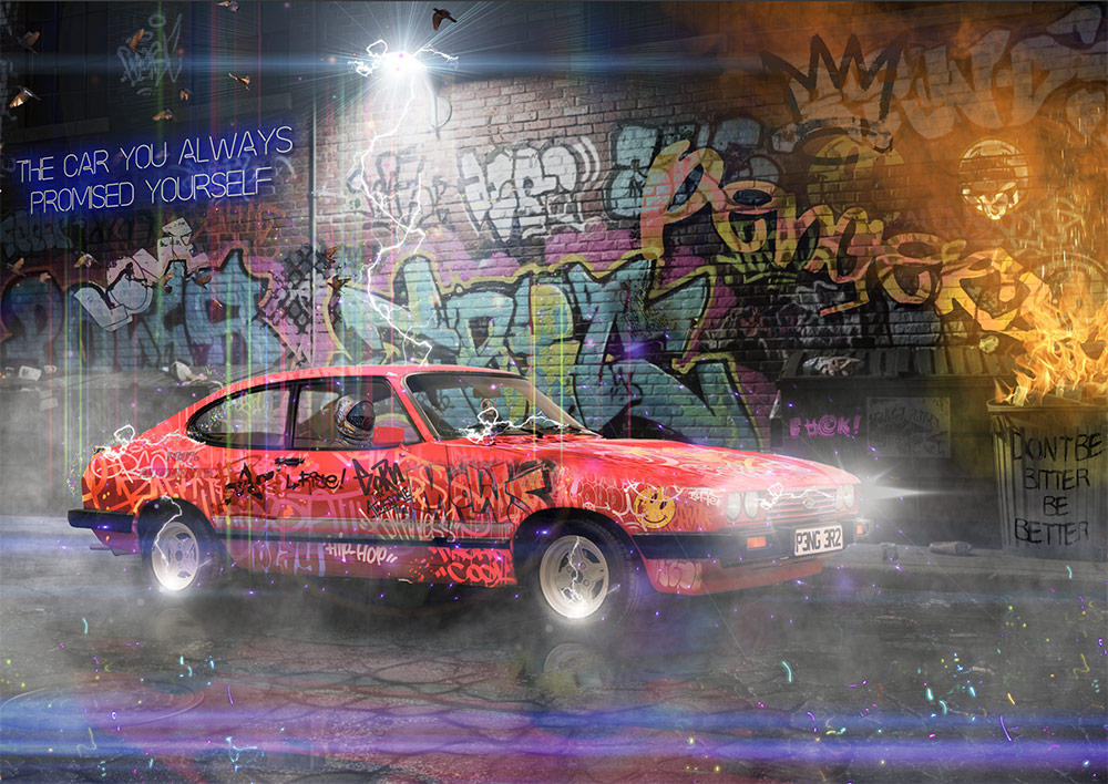 Ford Capri limited edition Fine Art Giclée print by Neil Pengelly celebrating the iconic classic car and British motoring culture.