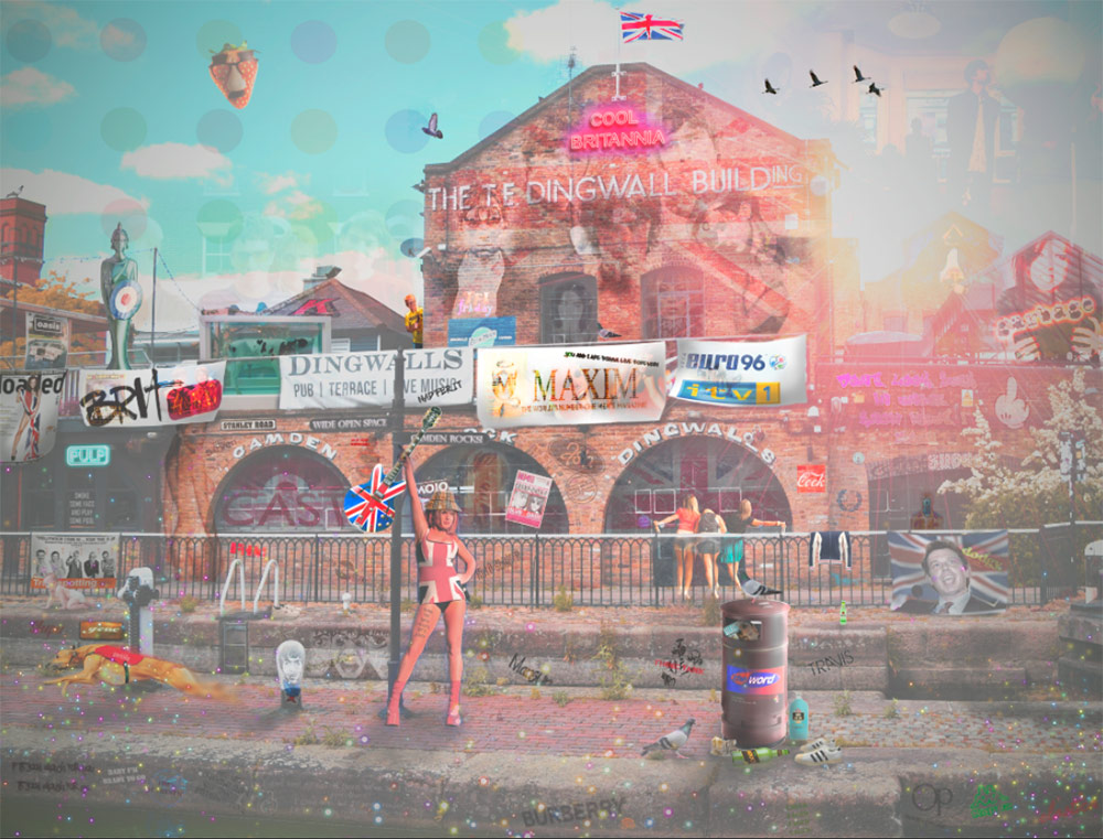 Cool Britannia limited edition Fine Art Giclée print by Neil Pengelly celebrating Britpop, British music and 1990s popular culture.