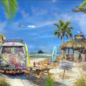 Surf's Up Me' Ansum limited edition Fine Art Giclée print by Neil Pengelly celebrating Cornwall, surfing culture and the relaxed spirit of the British coast.