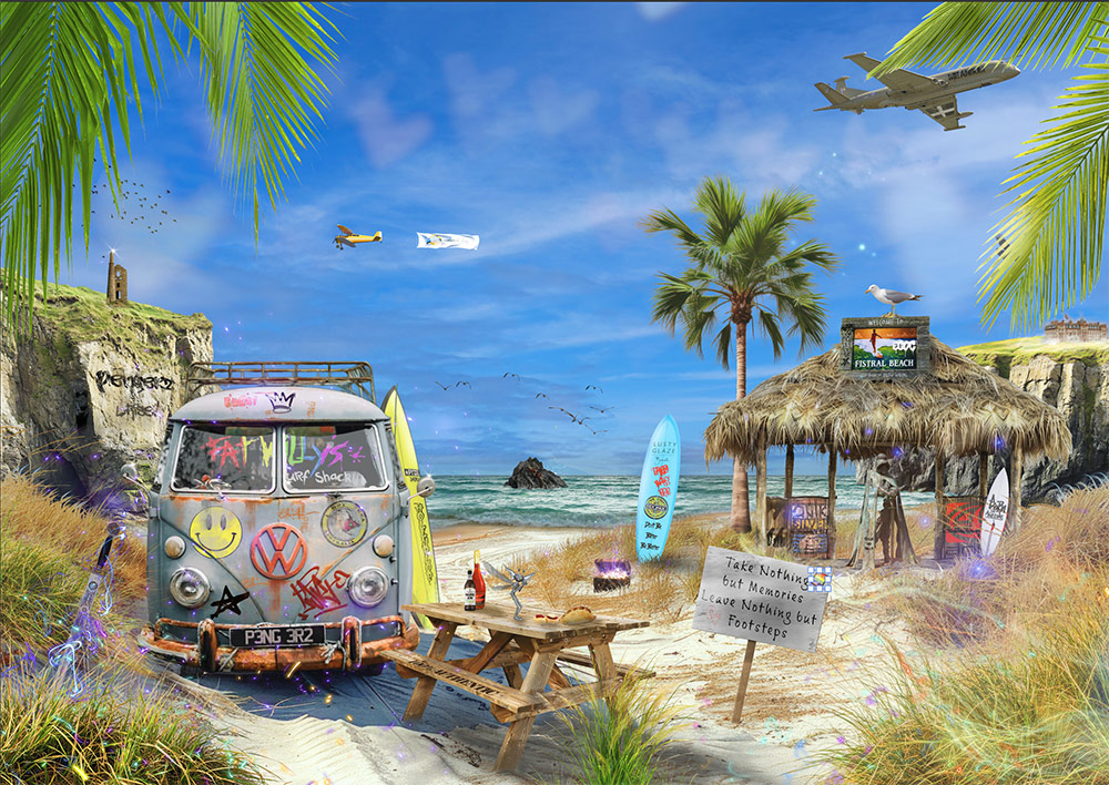 Surf's Up Me' Ansum limited edition Fine Art Giclée print by Neil Pengelly celebrating Cornwall, surfing culture and the relaxed spirit of the British coast.